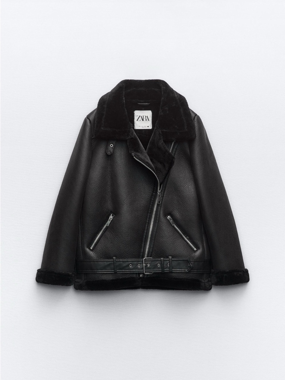 Zara Black Faux Leather Biker Jacket with Shearling Trim